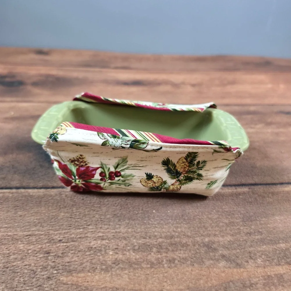 Longaberger Small Loaf Dish Pottery Sage Green Excellent Holiday Fabric Cover